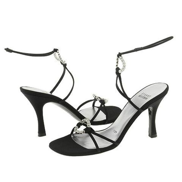 Stuart Weitzman Black Satin Rhinestone-Embellished Ankle Strap Stiletto Heels 7. - Picture 2 of 7